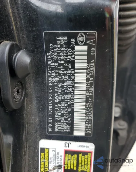 2012 Toyota Corolla Base из США, поврежденный, VIN 2T1BU4EEXCC900987